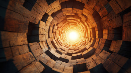 Obraz premium A first-person perspective shows the interior of a wooden tunnel. Light floods in from the opening, creating a warm ambiance. The circular pattern enhances the depth of the passage.