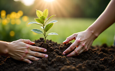 Fototapeta premium Planting Hope: Hands Nurturing a Sapling