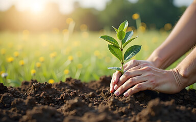 Fototapeta premium Planting Hope: Hands Nurturing a Sapling