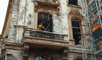 Fototapeta premium Worker repairs dilapidated ornate building facade.
