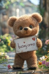 cute cartoon teddy bear holding a white board sign that says "buongiorno" in garden. italian language