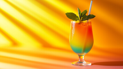 Rainbow cocktail with mint garnish on vibrant yellow background