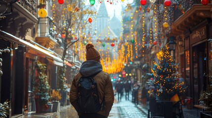 Obraz premium Man walking down a decorated city street during winter. Christmas lights and trees are visible.
