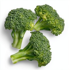 Two broccoli florets isolated on white background showcasing vibrant green color and intricate details in high resolution