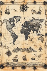 Naklejka premium Antique world map, ships, compass roses, aged parchment.
