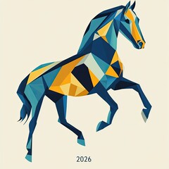 Obraz premium A modern geometric illustration of a horse composed of sharp, angular shapes in vibrant blue and gold tones, with minimalist 