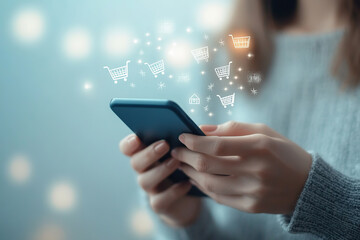 Businesswoman using smartphone with social media icons, global innovation