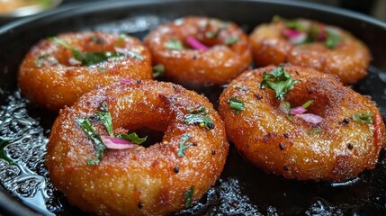 Golden medu vadas sizzle as they deep fry in a pan, surrounded by aromatic spices and vibrant green coriander. The tantalizing sound of frying fills the atmosphere