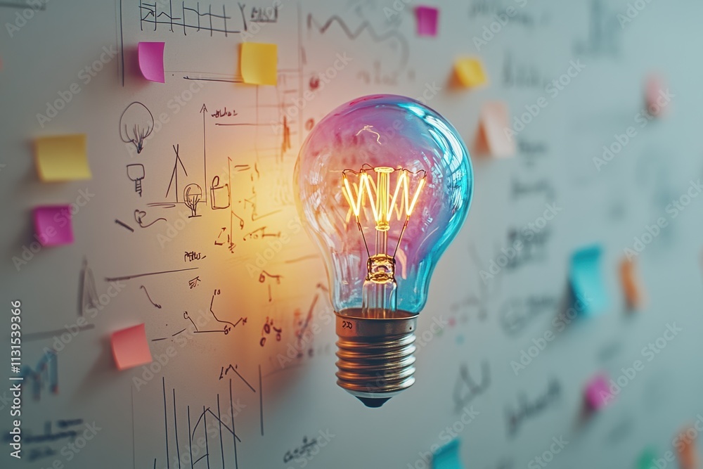 Aufkleber A bright light bulb hangs in front of a vibrant wall filled with colorful sticky notes and sketches, symbolizing creativity and the innovative process of setting and achieving goals
