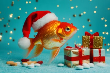 Goldfish in Water Wearing Santa Hat with gifts..