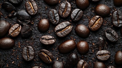 Fototapeta premium Close-up of roasted coffee beans in natural light