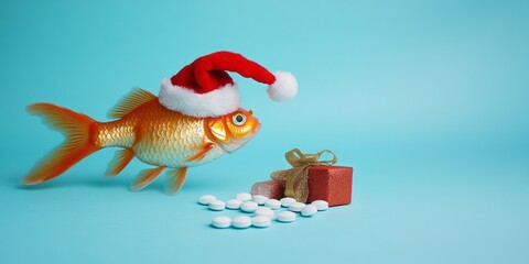 Holiday Goldfish Wearing Santa Hat.