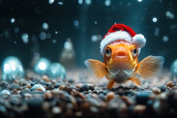 Underwater Scene with Goldfish and Santa Hat.
