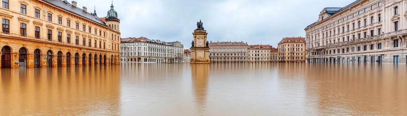 Fototapeta premium Abandoned city square under floodwater with iconic landmarks partially submerged, flood disaster, cultural loss
