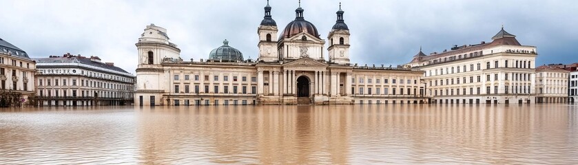 Naklejka premium Abandoned city square under floodwater with iconic landmarks partially submerged, flood disaster, cultural loss