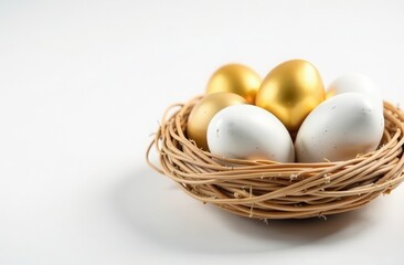 Elegant Easter postcard featuring a nest with golden and white eggs, perfect for spring celebrations and holiday greetings. Generative AI
