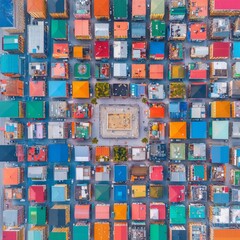 Aerial view of colorful urban rooftops.