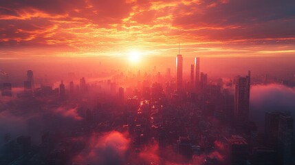 Fototapeta premium Fiery sunset over a sprawling, futuristic city.