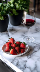 Plate of strawberries and wine glass on marble  
