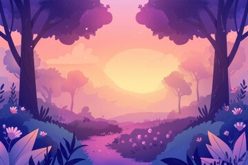 A Path Through a Dreamy Forest at Sunset