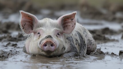 A cute piglet lies in the mud, enjoying a muddy bath.
