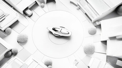 Futuristic car model in a minimalistic setting.