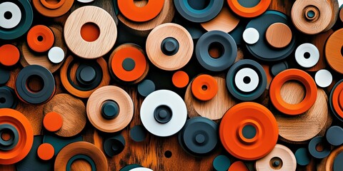 Playful abstract background with layered geometric shapes and concentric circles in vibrant colors