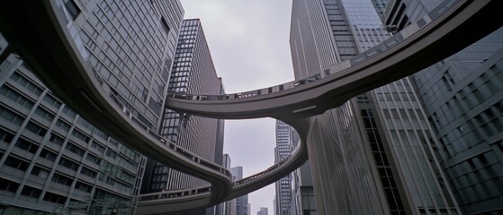 A dynamic view of futuristic city architecture with sleek, curving monorails weaving between towering skyscrapers on an overcast day.