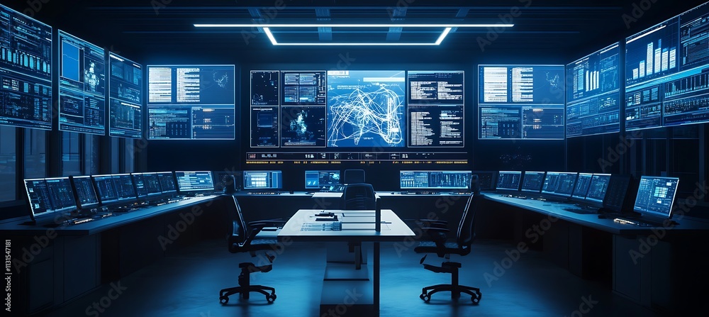 Poster a high-tech control room with large screens displaying data