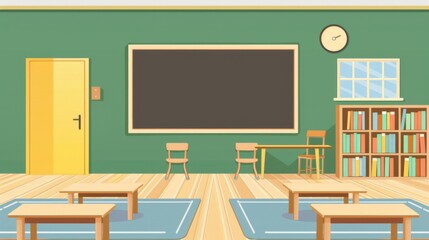 A classroom with bookshelves, a green chalkboard, desks, and chairs. The room is well-organized with colorful books and framed pictures on the walls.