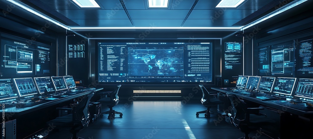 Poster a high-tech control room with large screens displaying data