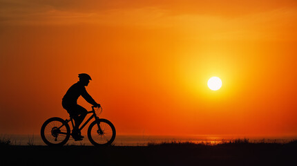 Cyclist riding mountain bike along coastline at sunset