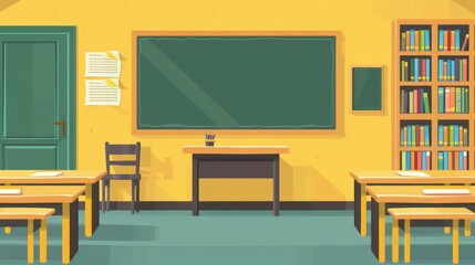 A classroom with bookshelves, a green chalkboard, desks, and chairs. The room is well-organized with colorful books and framed pictures on the walls.