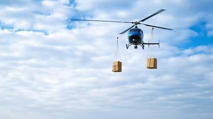 Helicopters dropping food packets into flood-affected areas, flood disaster, emergency aid