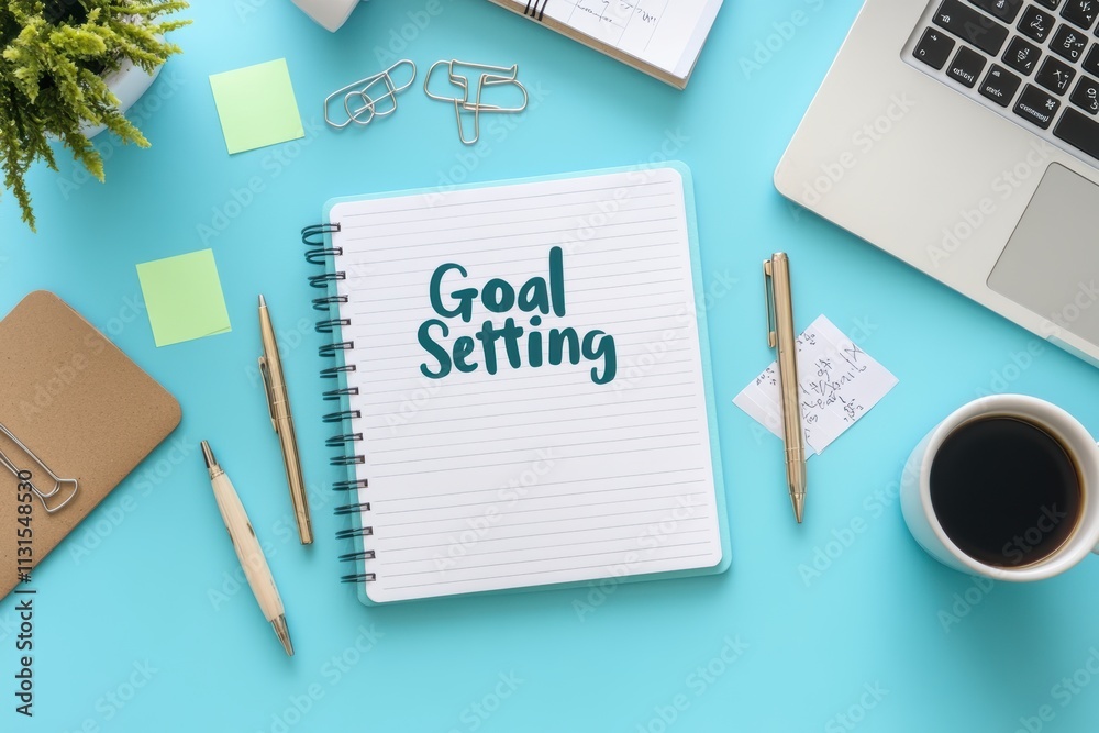 Fototapete an organized workspace featuring a notebook with 'goal setting' written on it, accompanied by a lapt