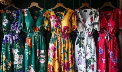 Fototapeta premium Floral dresses hang on wooden hangers.