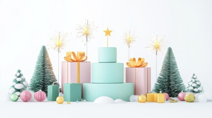 Festive cake display with colorful decorations.