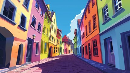 Fototapeta premium A colorful European-style street with vibrant buildings, flower boxes, cobblestone road, and a clear blue sky.