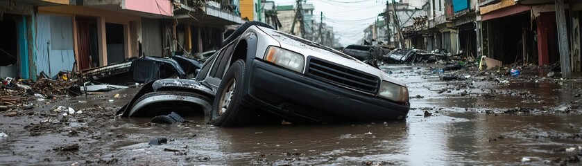 Overturned vehicles in a flooded street surrounded by damaged buildings, flood disaster aftermath, urban chaos