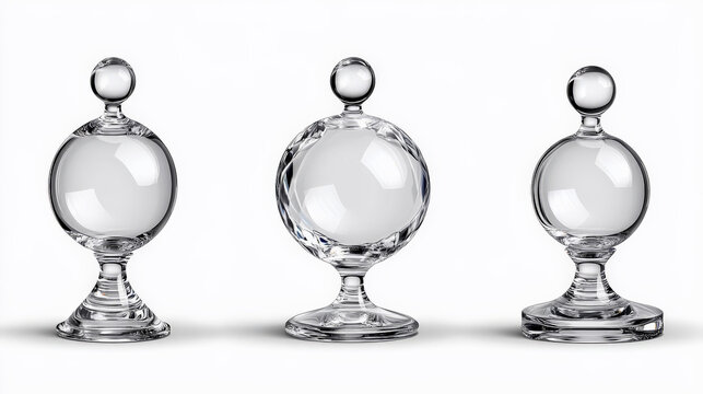 Glass Awards Set: Three elegant, clear glass award trophies on a seamless background. Perfect for recognizing achievements and celebrating success.  