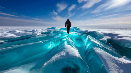 Naklejka premium Man tourist walking on the ice of Baikal lake. Winter landscape of Baikal lake, Siberia, Russia. Blue transparent cracked ice and the blue sky.