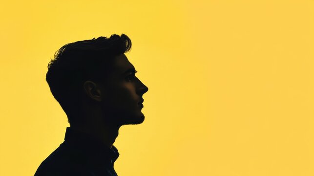 A man's face is shown in silhouette against a yellow background