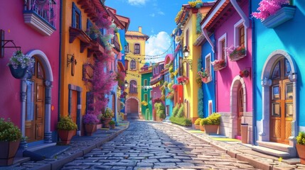 Fototapeta premium A colorful European-style street with vibrant buildings, flower boxes, cobblestone road, and a clear blue sky.