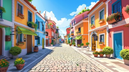 Fototapeta premium A colorful European-style street with vibrant buildings, flower boxes, cobblestone road, and a clear blue sky.