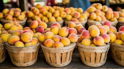Naklejka premium Baskets of yellow peaches for sale at a farmers market