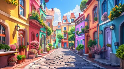 Fototapeta premium A colorful European-style street with vibrant buildings, flower boxes, cobblestone road, and a clear blue sky.
