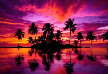 Obraz premium stunning dreamy tropical sunset featuring paradise island silhouette vibrant sky reflected waters, beach, coastal, colors, dawn, daylight, evening, horizon