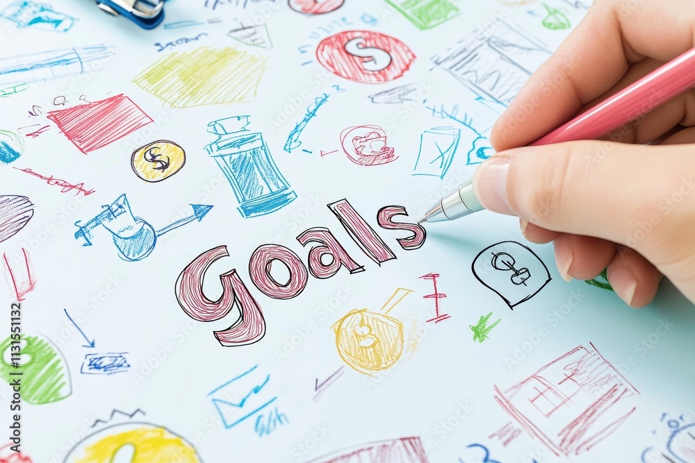 Poster a hand skillfully inscribes the word goals upon a beautifully colorful backdrop that is teeming with