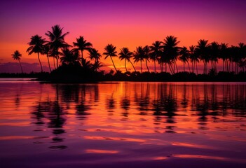 Fototapeta premium stunning silhouette palm trees framing bright orange purple sunset tropical landscape, beach, sky, horizon, dusk, foliage, nature, scenery, backlight, dramatic