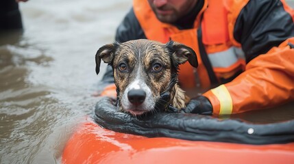 Rescuers pulling a stranded dog from floodwaters, flood disaster, animal rescue
